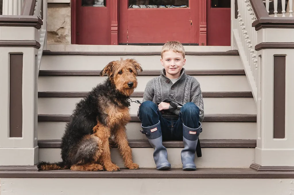 A young boy in gray sweater and rain boots sits on outdoor steps next to a large, fluffy brown and black dog, both looking at the camera. The steps and railing are painted in neutral colors. Kristin Milito Photography - Newborn & Maternity Photographer - Chicago IL